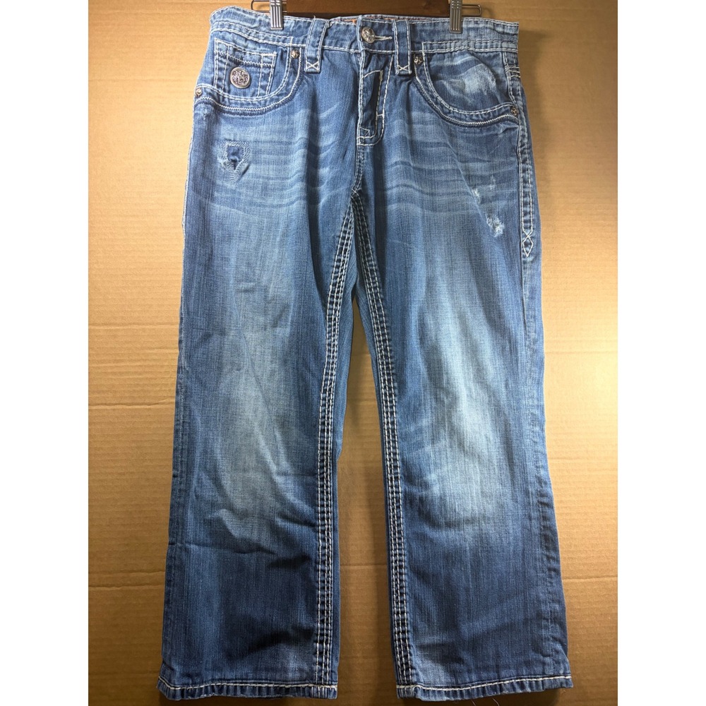 Rock Revival Logan Boot Jeans Mens 32 Blue Distressed Bootcut Thick Stitching